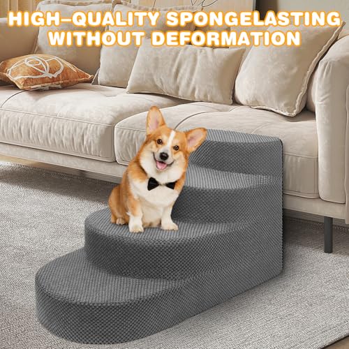 Dog Stairs 4 Steps Foam Pet Ramp for Small Dogs Cats, Grey | Non-slip foam stairs with washable cover, ideal for beds & sofas. Sturdy, safe & easy to clean. - color: Gray-4-Step