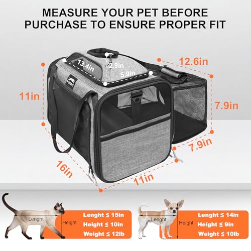 Cat Carrier Soft Expandable Pet Carrier Top & Sides Airline Approved Dog Carriers 360° Ventilation Soft-Sided Cat Carriers with Breathable Mesh Built-in Safety Leash & Reversible Cushion - color: Grey