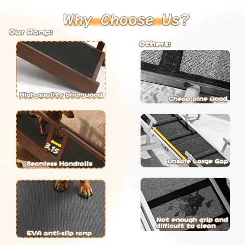 61" Dog Ramp for Bed with Rest Platform & Glow Strips, 20° Gentle Slope, EVA Non-Slip Surface, Removable Safety Rails, Birchwood Solid Wood, for Small, Large & Senior Dogs, Joint Protection, Brown - size: 61"L x 20"H x 15.7"W