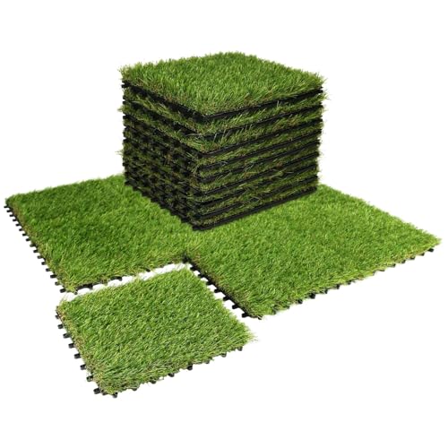 Interlocking Artificial Grass Tiles Self Draining Fake Turf Squares for Patio Balcony Outdoor Flooring Dog Potty Mat Indoor Deck Garden Green 9pcs - size: 9pcs