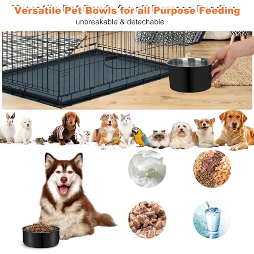 No Spill Water Bowl for Dogs, Sturdy Stainless Steel Dog Dishes 2 Pack with Dog Bowl Holder Hanging on Pet Cage Kennel Crate, Detachable Metal Food/Water Bowl Set for Medium/Large Dogs - color: Black