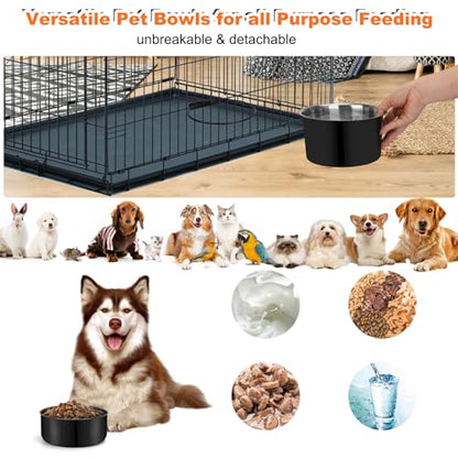 No Spill Water Bowl for Dogs, Sturdy Stainless Steel Dog Dishes 2 Pack with Dog Bowl Holder Hanging on Pet Cage Kennel Crate, Detachable Metal Food/Water Bowl Set for Medium/Large Dogs - color: Black