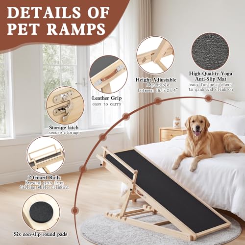 Dog Ramp for High Bed Couch, 55" Long Pet Steps for Any Sizes Dogs | 5 Heights 19.5"-27.4", Holds 250lbs, Foldable, 2 Safety Side Rails, For Older/Injured Pets, Solid Wood, Anti-slip Yoga Mat - size: 55"L x 18.3"W x 3"H