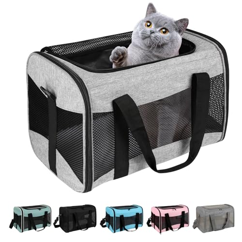 Cat Carrying Case - Pet Carrier Airline Approved, Protable and Breathable Pet Travel Carrier Removable Fleece Pad, Collapsible Cat Carrier Dog Carrier for Medium Cats Small Cats Dogs (Grey&Black M) - color: grey&black, size: 17.0"L x 11.0"W x 11.0"H