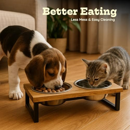 Elevated Dog Bowls, 4.5” Small Dogs/Cats Only Raised Bowl Mango Wood Stand, Food & Water 2 Stainless Steel Dishes Each 32oz/4Cup Capacity, Non-Slip Pet Feeder Station in Brown, toy Breeds - size: 4.5 Inches / 32oz 2 Bowl