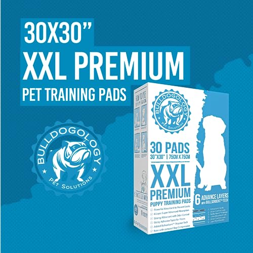 Bulldogology Puppy Pee Pads XXL with Adhesive Sticky Tape - Extra Large Dog Training Wee Pads (30x30) 6 Layers with Extra Quick Dry Bullsorbent Polymer Tech (30-Count, White) - size: 30-Count (30x30)