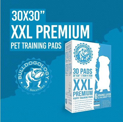 Bulldogology Puppy Pee Pads XXL with Adhesive Sticky Tape - Extra Large Dog Training Wee Pads (30x30) 6 Layers with Extra Quick Dry Bullsorbent Polymer Tech (30-Count, White) - size: 30-Count (30x30)