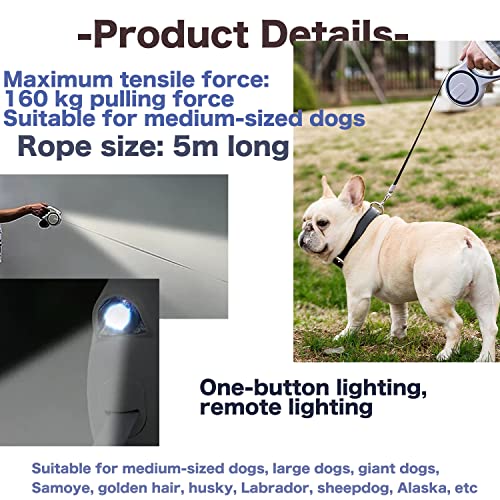 Retractable Dog Leash with LED Flashlight for Girl, 16ft Dog Walk Leash with Removable Poop Bag Holder for Small and Medium Dogs, Dog Leash with Reflective Strong Nylon Tape (3 Dog Poop Bag, White)