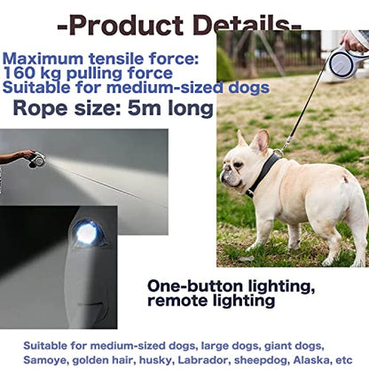 Retractable Dog Leash with LED Flashlight for Girl, 16ft Dog Walk Leash with Removable Poop Bag Holder for Small and Medium Dogs, Dog Leash with Reflective Strong Nylon Tape (3 Dog Poop Bag, White)