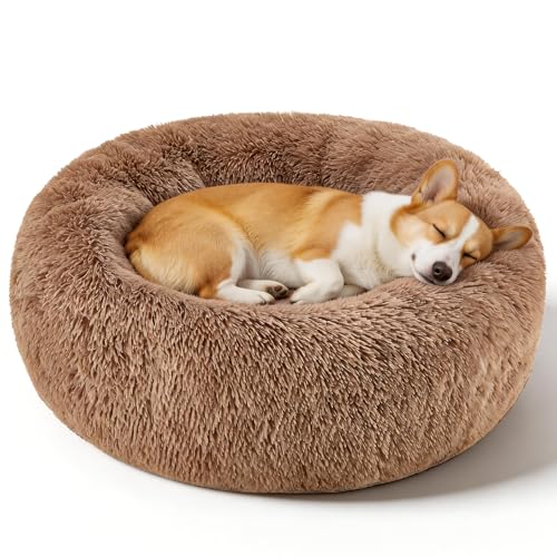 Dog Calming Beds for Small Medium Large Dogs - Round Donut Washable Puppy Dog Bed, Anti-Slip Faux Fur Fluffy Donut Cuddle Anxiety Cat Pet Bed(32'' Khaki - color: khaki, size: 32"L x 32"W x 8"Th