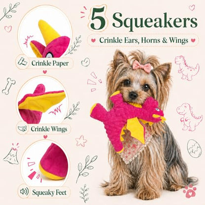 Pink Plush Dragon Dog Toy with 5 Squeakers, 10 Inch | Crinkle Ears, Horns & Wings | Soft Bubble Texture | Carry, Toss, Fetch & Cuddle | For Gentle Chewers | Giftable - color: Pink