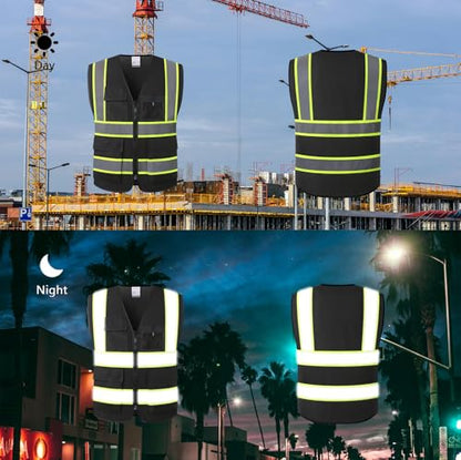 Reflective Safety Vest for Men Women High Visibility Vest with 8 Pockets and Front Zipper Mesh Reflective Vest Meets ANSI/ISEA Standards (Black-07, Medium) - color: Black, size: Medium
