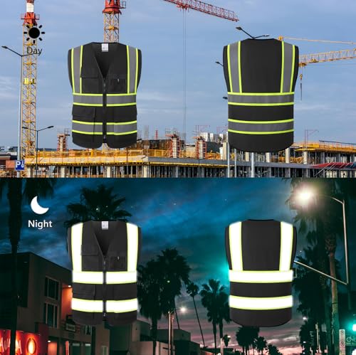 High Visibility Reflection Black Mesh Safety Vests with 8 Pockets and Front Zipper, hi vis safety vest for Men and Women, Meets ANSI/ISEA Standards(Black-07,Large) - color: Black, size: Large