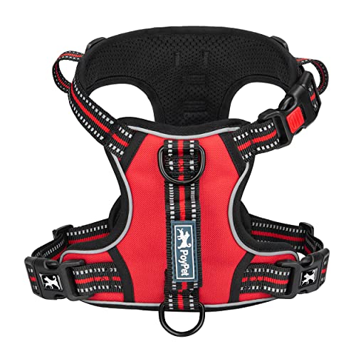 PoyPet No Pull Dog Harness, No Choke Front Clip Reflective Dog Vest with Soft Padded Vertical Handle, 3 Leash Attachments for Small Medium Large Dogs (Red,XL) - color: Red, size: Extra Large