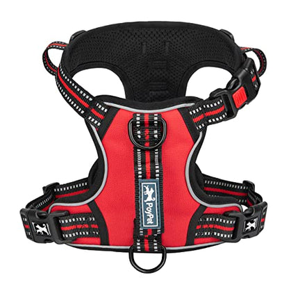 PoyPet No Pull Dog Harness, No Choke Front Clip Reflective Dog Vest with Soft Padded Vertical Handle, 3 Leash Attachments for Small Medium Large Dogs (Red,L) - color: Red, size: Large