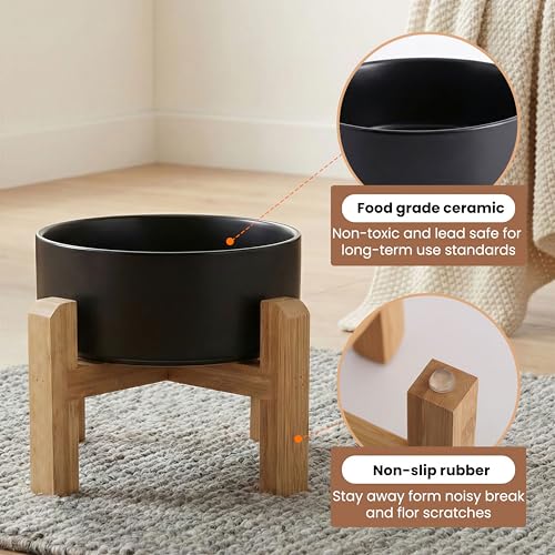 hjn Elevated Ceramic Dog Bowl with Bamboo Stand, Raised Pet Feeding Station for Small Medium Dogs Cats, Modern Design with Anti-Slip Base (Black, 3.6Cup) - color: Black, size: 3.6Cup