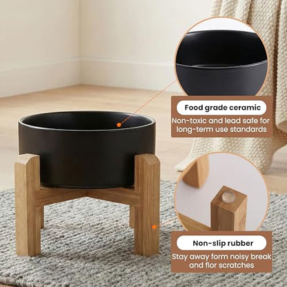 hjn Elevated Ceramic Dog Bowl with Bamboo Stand, Raised Pet Feeding Station for Small Medium Dogs Cats, Modern Design with Anti-Slip Base (Black, 3.6Cup) - color: Black, size: 3.6Cup