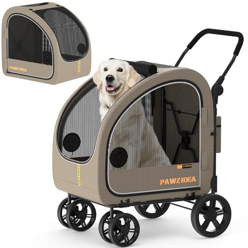 PAWZIDEA 3-in-1 Large Dog Stroller with Detachable Carrier up 100lbs, Foldable Dog Crate for Car Travel, All-Terrain Pet Stroller for 2 Medium Dogs, Jogger Wheels, Adjustable Handle, Stroage Organizer - color: Khaki Plaid