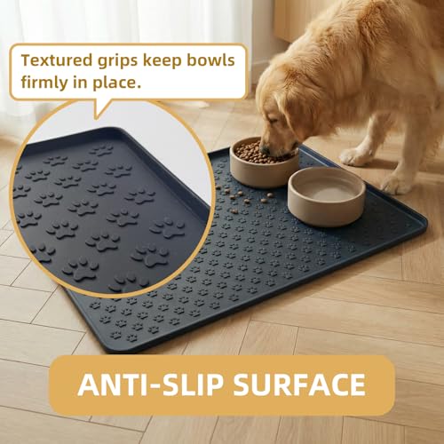 Silicone Dog Food Mat, 100% Waterproof Pet Feeding Mat with Raised Edge, Non-Slip Bowl Placemat for Cats & Dogs, Pets Accessories, 18.3” x 11.4” - color: 18.3" x 11.4" Black
