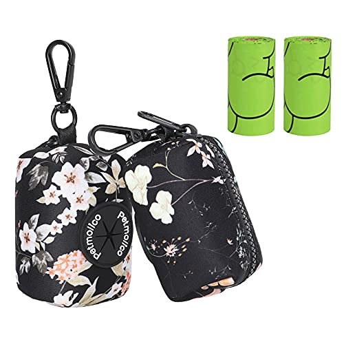 Petmolico Dog Poop Bag Holder Leash Attachment, Waste Bag Dispenser Zippered Pouch - 2 Pack, Fits Any Leash, Includes Free Roll of Bags, Yellow White Blooming - color: Yellow White Blooming