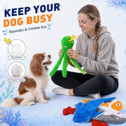 No Stuffing Squeaky Crinkle Dog Toys, 5-Pack Ocean Animal Plush Set | For puppies and small, medium & large dogs | full-body crinkle and squeaker in every toy | easy to carry, toss and shake - color: Ocean