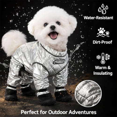 Dog Snowsuit with Attached Boots, Waterproof Insulated Quilted Full Body Suit, Reflective Outdoor Walking Snow Outfit for Small Medium Dogs Cold Weather (Silver, L) - size: L