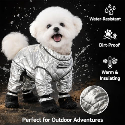 Dog Snowsuit with Attached Boots, Waterproof Insulated Quilted Full Body Suit, Reflective Outdoor Walking Snow Outfit for Small Medium Dogs Cold Weather (Silver, S) - size: S