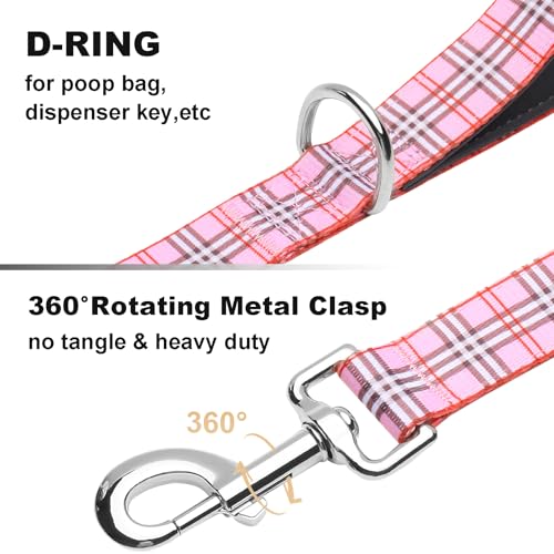 5ft Dog Leash with Two Padded Handles, Heavy Duty Strong Nylon Pet Leash with Soft Neoprene Handle for Small Medium Large Dogs, Pink Plaid - color: Pink Plaid, size: 1 in x 5 ft