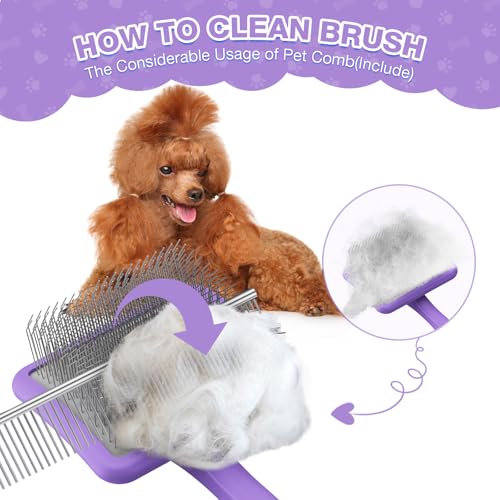 Large Slicker Brush, 2Pc Doodle Grooming Kit with Comb,Purple | With two leather protective covers; ideal for Poodles, Labradoodles; extra long pin; premium wooden handle; removes mats. - color: Purple