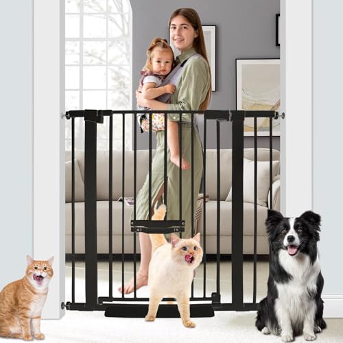 SHYUJAJIE 37 Inch Tall Baby Gate with Small Cat Door, Adjustable 29.5" and -40.55",Auto Close Dog Gate Pet Gate Easy Walk Thru Pet Door for Stairs, Doorway, House, Pressure Mounted Safety Child Gate - color: Black, size: 37*40.66"