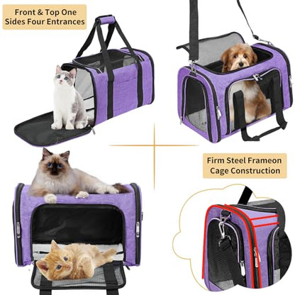 Soft-Sided Cat/Dog/Pet Carrier, Collapsible Pets Travel Carriers for Big Cats/Small Dogs with Shoulder Strap & Removable Mat, Mesh Puppy Carry Bag, Up to 16 Lbs, TSA Airline Approved(Purple) - color: Purple, size: 17"L x 11"W x 11"H