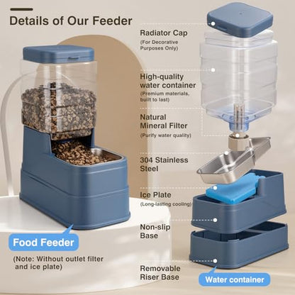 2 Pack Automatic Cat Feeder and Water Dispenser 1.3Gallon Dog Gravity Food Feeder and Water with Ice Pack Stainless Steel Dry Food and Waterer Bowl for Small Medium Large Pets (Blue) - color: Blue