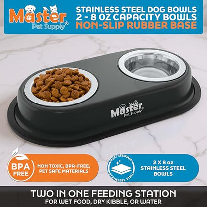 Master Pet Supply Double Dog Bowls Set with Elevated Base and 2 (8 oz) Stainless Steel Removable Dishes (Black Velvet) – Double Cat Food Water Bowl, Dog Puppy Food Bowl Set, Rust Resistant - color: Black Velvet