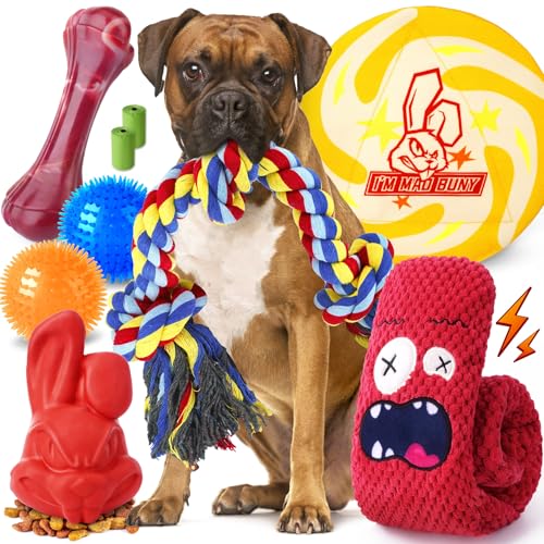 Long-Lasting Heavy Various Dog Chew Toys for Aggressive Chewers,9 Pack Indestructible Large Dog Toys Include Tug Chew & Rope Toys,Squeaky Toys for Medium&Large Breed(For Powerful Chewers-Mad Bunny） - color: For Powerful Chewers（Mad Bunny）