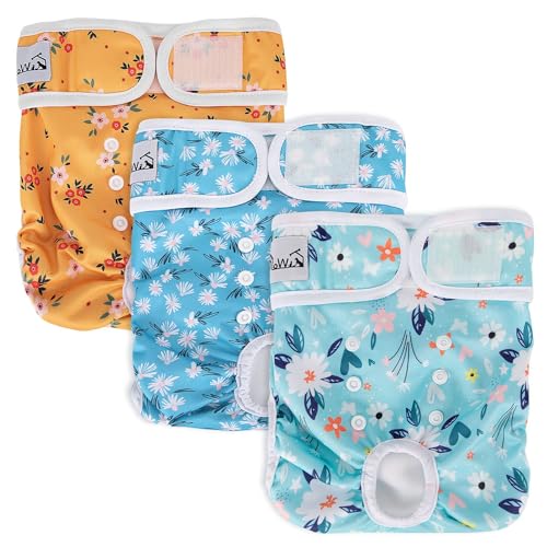 SlowTon Washable Dog Diapers Female - 3 Pack No Leak Reusable Doggie Puppy Diaper with Adjustable Buttons, Comfortable Female Dog Diapers for Heat Cycle Period Small Medium Large Dogs (XS) - color: B.Flora, size: X-Small（Newborn-9''Waist)