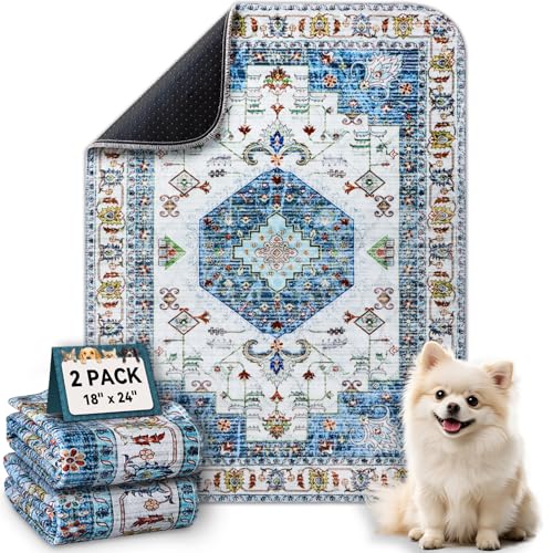 Washable Pee Pads for Dogs, Stylish Absorbent Reusable Training Dog Pads, Non-Slip and Leak-Proof Puppy Pads, Potty Pads for Crates, Whelping, Playpen, Bed and Floors, Blue Medallion 2 Pack 18" x24" - color: Blue Medallion, size: 18" x 24" 2PACK