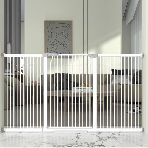 41" Extra Tall and Wide Baby Gate, 72.3-74" Wide Pet Cat Gate for Doorway, Extra Wide Pressure Mounted Child Door with Expansion Kit, Metal Safe Gate, Tall Dog Gate, White - size: 72.3-74.1''W