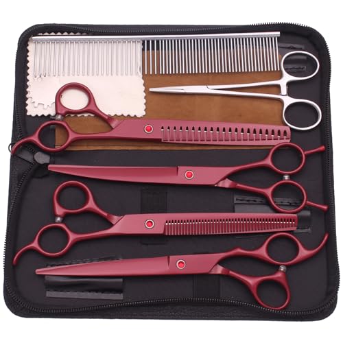 Professional Pet Grooming Shears Set – 7.5" Straight & Curved Cutting Scissors, 7.5" Thinning & Fishbone Shears with Grooming Comb, Complete Scissors Kit for Dogs & Cats (Red) - color: Red