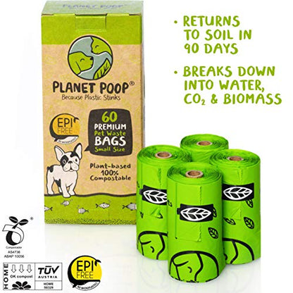 PLANET POOP Home Compostable Dog Poop Bags for Small Pets, 60 Mini Size Dog Waste Bags with Handles, Un-Scented Leakproof Doggy or Cat Bag, Plant Based Pet Supplies - size: 60 Count (Pack of 1)