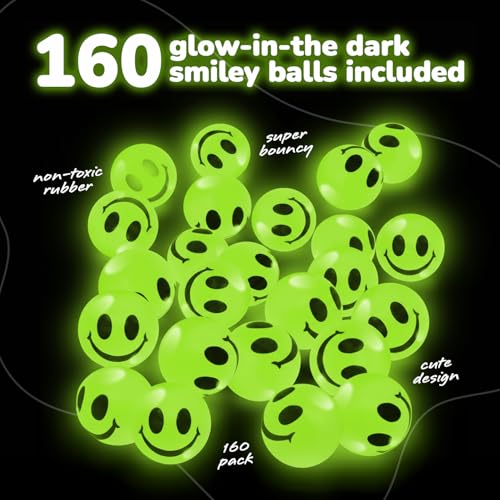 ArtCreativity 160 PCS Glow in the Dark Smiley Face Bouncing Balls - Bulk Pack of 160-1 Inch High Bounce Bouncy Balls for Kids, Glowing Party Favors and Goodie Bag Fillers for Boys and Girls