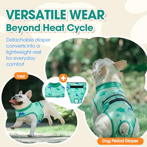 QBLEEV Dog Diapers Overalls, Escape Proof Full Body Female Male Dog Diapers with Suspenders, Reusable Washable Period Pants for in Heat Incontinence, 2-1Detachable Doggie Onesie with Tail Hole - color: Green, size: XS