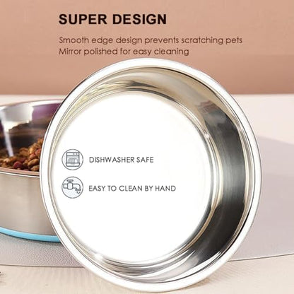 Deep Stainless Steel Non-Skid Dog and Food Bowls, Each Holds Up to 8 Cups - color: Blue&Roes Red, size: 8 Cup for Medium Pet
