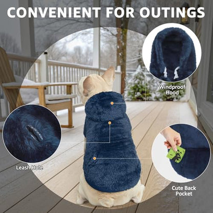 SCENEREAL Fleece Dog Sweaters Hoodie for Small Medium Large Dogs Girls Boys, Plush Fuzzy Dog Clothes Hoodies with Leash Hole, Winter/Fall Puppy Cold Weather Coat, Sherpa Hooded Sweatshirt, Navy M - color: Navy, size: Medium