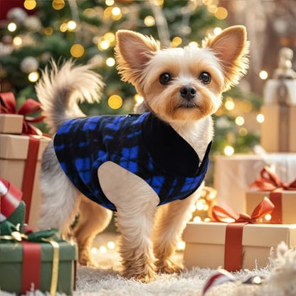 Rbenxia 1 PC Plaid Dog Sweaters with Leash Ring Soft Fleece Vest Dogs Pullover Warm Jacket Pet Dogs Clothes Winter Dog Outfits for Small Puppy Cat Pets (Blue and Black, Small) - color: Blue and Black, size: Small