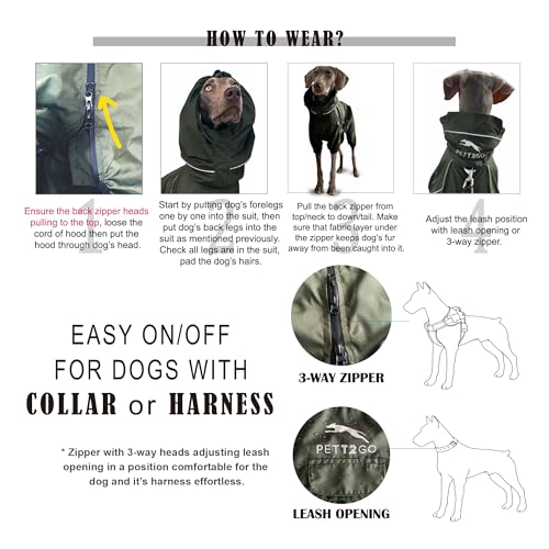 Dog Lightweight Windbreaker, Dog Outdoor 4-Legs Jacket, 0.5 lbs,Durable Water Repellent, Hooded, Easy on/Off with Collar and Harness, Reflective, Packable,Dark Olive (XX-Large) - size: XX-Large