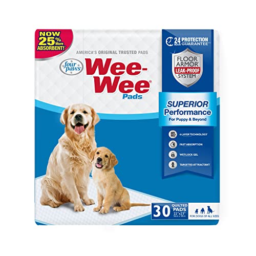 Four Paws Wee-Wee Superior Performance Unscented Pee Pads for Dogs & Puppies, Quilted Leak-Proof Dog Housebreaking Potty Training Floor Protection, 22" x 23", 30 Count - size: 30 Count