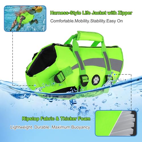 Dogcheer Dog Life Vest High Buoyancy Safety Jacket with Rescue Handle, Dog Swim Vest with Zipper, Reflective Adjustable Dog Flotation Vest for Water Swimming Boating - Green, M - color: Green, size: Medium