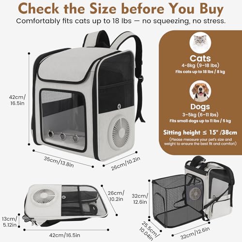 Cat Backpack Carrier with Cooling Fan & Heating Pad, Expandable & Breathable Pet Backpack for Cats & Small Dogs, Travel Carrier for Hiking, Vet Visits, Grey
