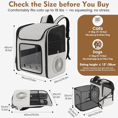 Cat Backpack Carrier with Cooling Fan & Heating Pad, Expandable & Breathable Pet Backpack for Cats & Small Dogs, Travel Carrier for Hiking, Vet Visits, Grey