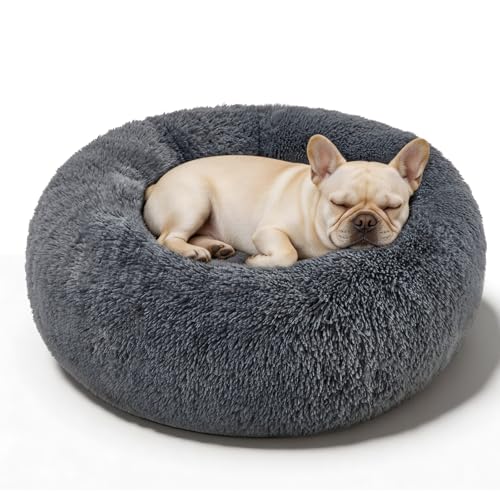 Dog Calming Beds for Small Medium Large Dogs - Round Donut Washable Puppy Dog Bed, Anti-Slip Faux Fur Fluffy Donut Cuddle Anxiety Cat Pet Bed(20" Dark Grey) - color: Dark Grey, size: 20"L x 20"W x 8"Th